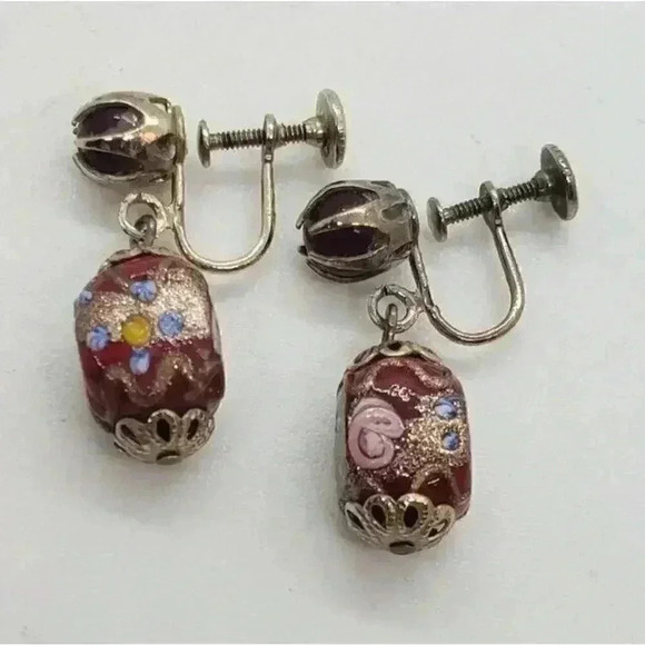 Vintage Earrings Garnet Red Wedding Cake Venetian Art Glass Bead Dangle 10k GP - Picture 8 of 10